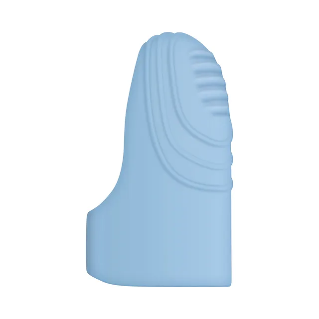 Side profile of blue ridged Fingerlicious silicone sleeve