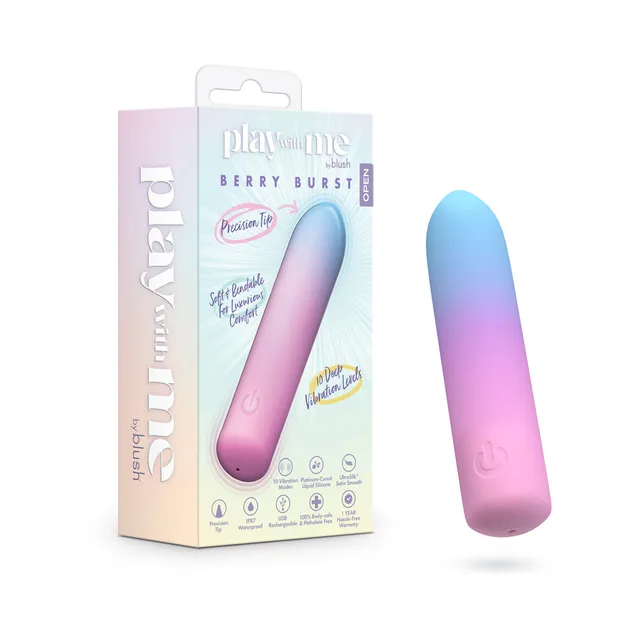 Blue-to-pink Play With Me Berry Burst vibrator beside box