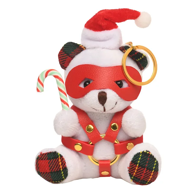 White Master Series holiday bear keychain with red harness and gold-tone ring