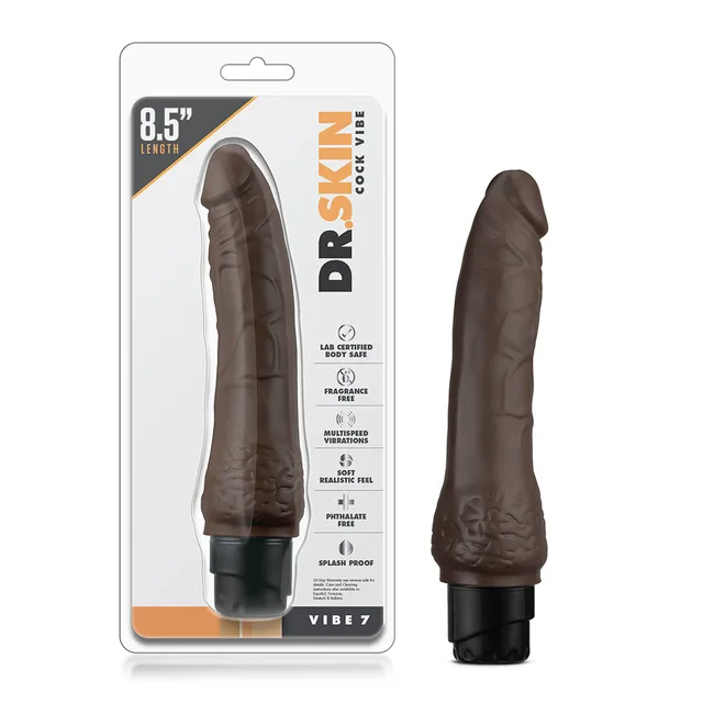 Dr. Skin Cock Vibe 7 Brown Vibrator beside clear 8.5-inch retail package