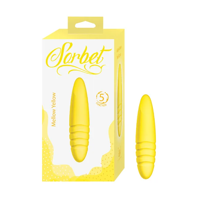 Yellow Nasstoys Sorbet Mellow Yellow bullet vibrator beside retail box