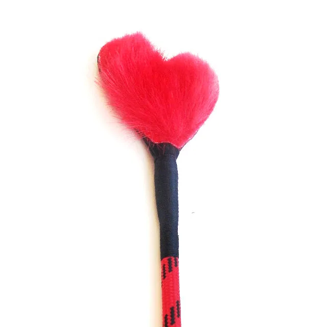 Red fluffy heart leather crop with black shaft and printed handle