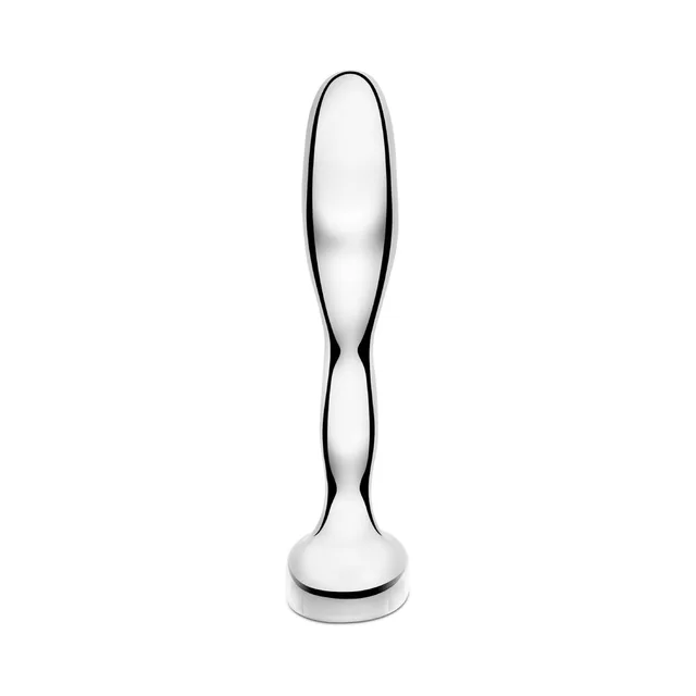 b-Vibe polished stainless steel curved prostate plug upright front view