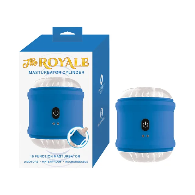 Blue Nasstoys Royale cylindrical stroker with white end sleeves beside box