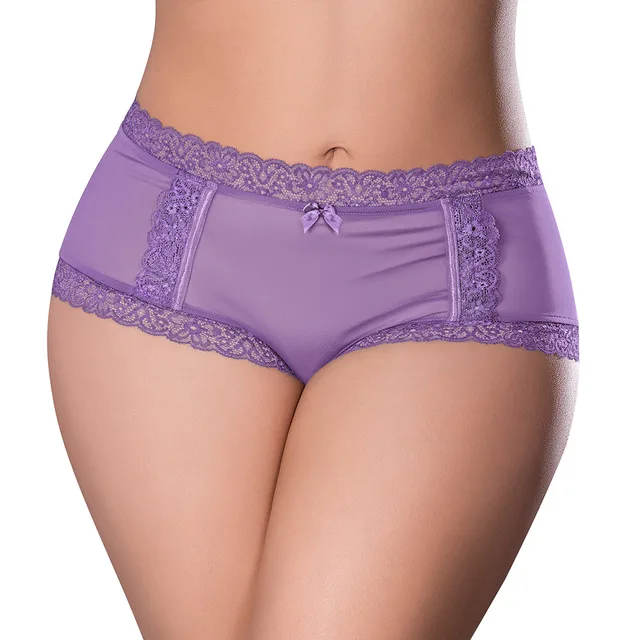 Magic Silk periwinkle hipster boy short Queen size front view with lace waistband and center bow