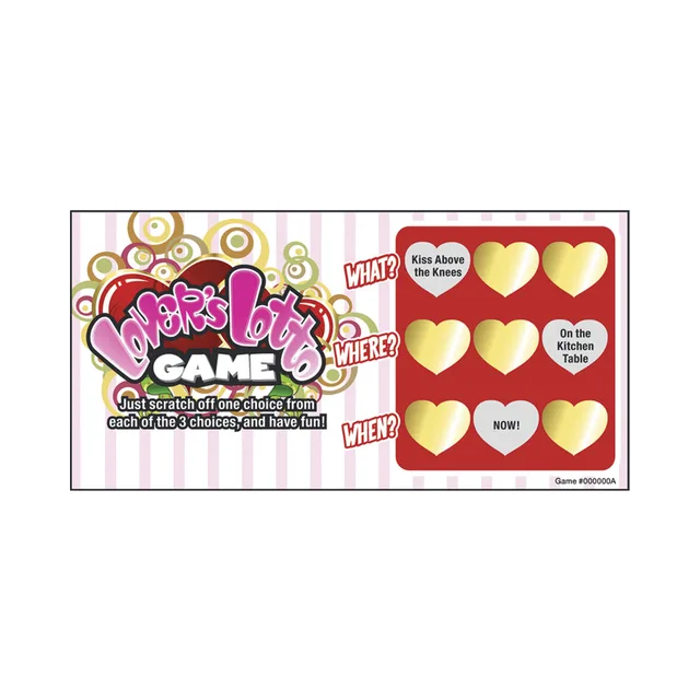 Lovers Lotto scratch-and-play game sample card with What, Where and When heart rows