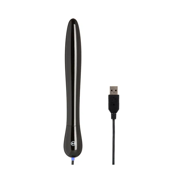 Doc Johnson Main Squeeze Black Warming Accessory slim wand beside USB cable