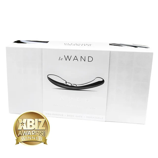 Le Wand Arch curved stainless steel massager pictured on white box