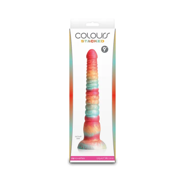 Colours Stacked 9-inch red gold and turquoise ringed dildo in tall box