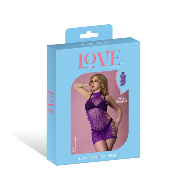 Magic Silk seamless purple cutout mini dress displayed in blue retail packaging