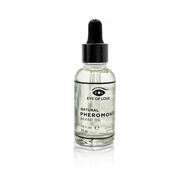 clear Eye of Love beard oil bottle with black glass dropper