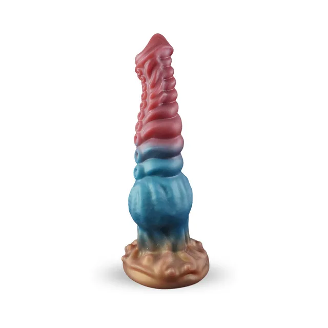 Camtoyz Arcana multicolor fantasy dildo upright front view of red ribbed shaft