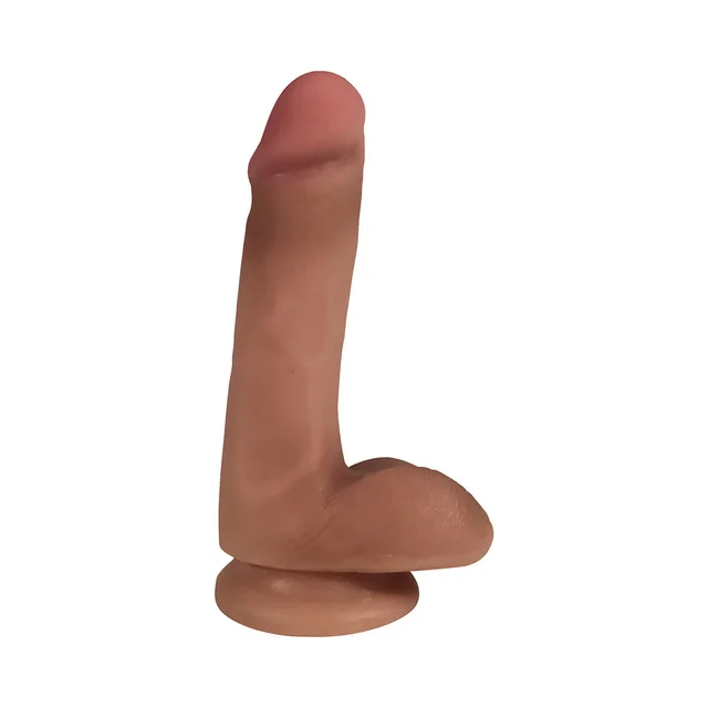 Curve Novelties Easy Riders 6-inch tan dildo isolated upright angle with rounded head, sculpted balls and suction-cup base
