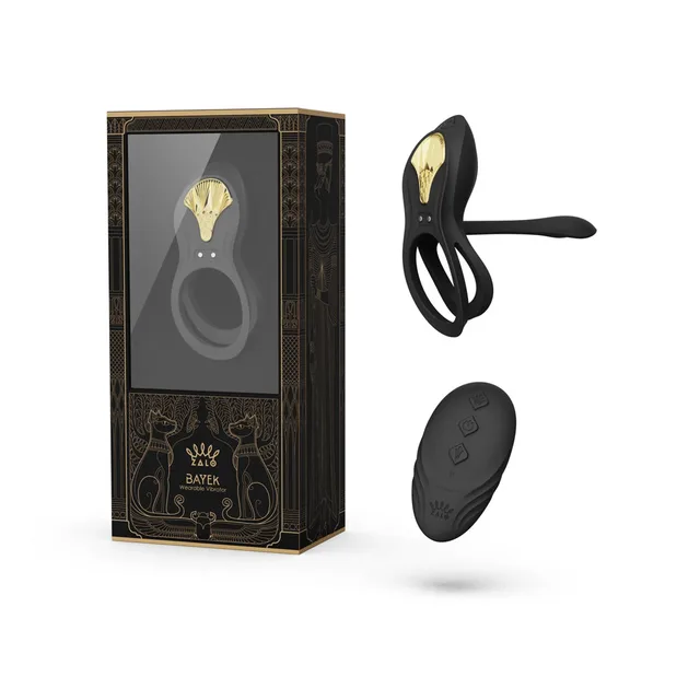 Zalo Legend Bayek Obsidian Black harness ring vibrator set beside the windowed retail box with oval remote