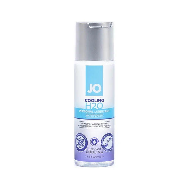 Front of 2 oz System JO H2O Cooling bottle with blue label and silver pump
