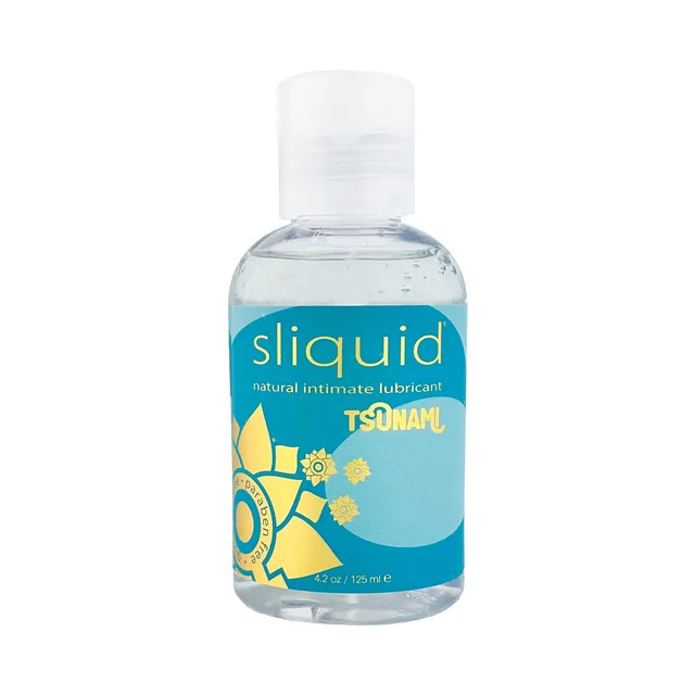 Sliquid Tsunami gel lubricant 4.2 oz clear bottle with turquoise and yellow label