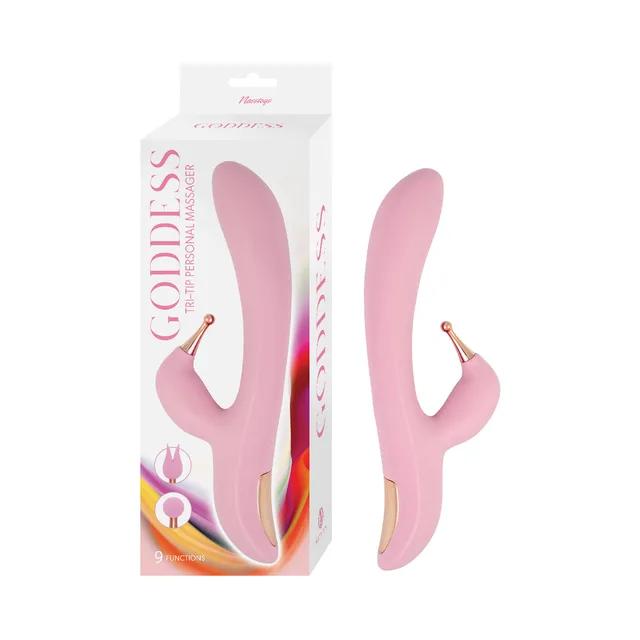 Pink Nasstoys Goddess Tri-Tip curved massager beside white retail box
