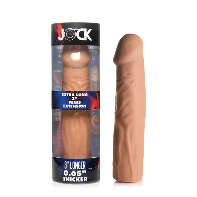 medium tan Jock extra-long 3-inch tip TPE sleeve beside retail box