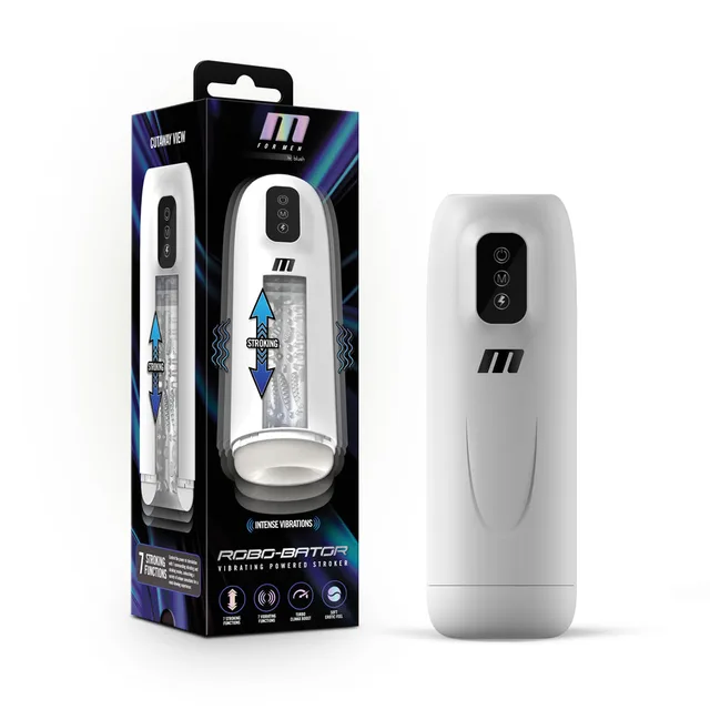 white M for Men Robo-Bator automatic stroker with three-button panel beside box