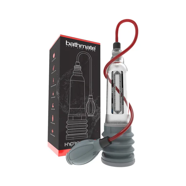 Bathmate HydroXtreme7 Clear penis pump retail box beside transparent cylinder, red hose and gray handball