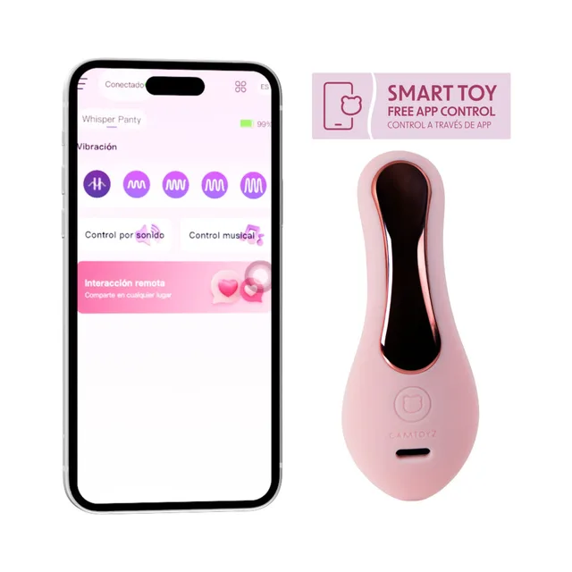 Camtoyz Pro Whisper light-pink panty vibrator next to a phone displaying the control app