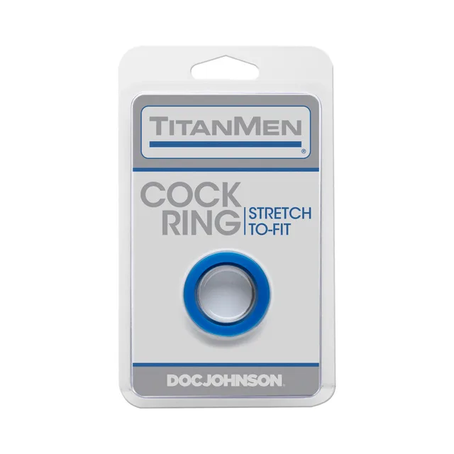 Blue TitanMen stretch-to-fit cock ring in Doc Johnson blister packaging