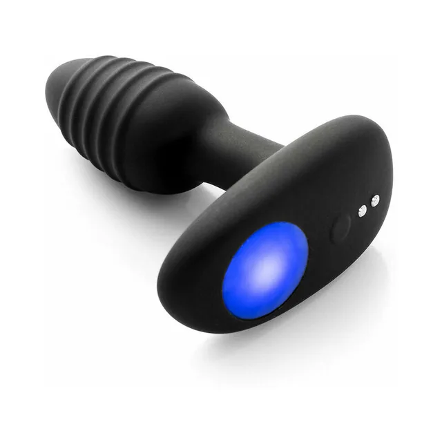 black OhMiBod Lumen plug with ribbed shaft, flared base and glowing blue light