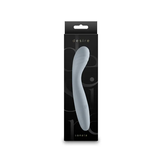 fog-gray Desire Sonata curved vibrator in tall black retail box