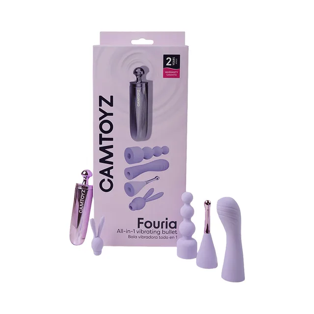 Camtoyz Fouria metallic purple bullet vibrator set displayed with lavender attachments beside the retail box