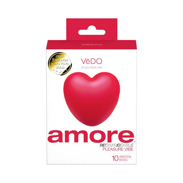 red heart-shaped VeDO Amore vibrator visible through a white and red retail box