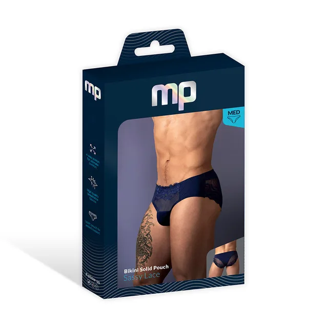 Male Power Sassy Lace Bikini in navy size XL displayed in a navy window retail box