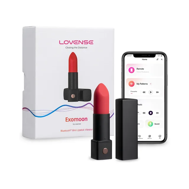 Lovense Exomoon lipstick vibrator with retail box and Remote App screen