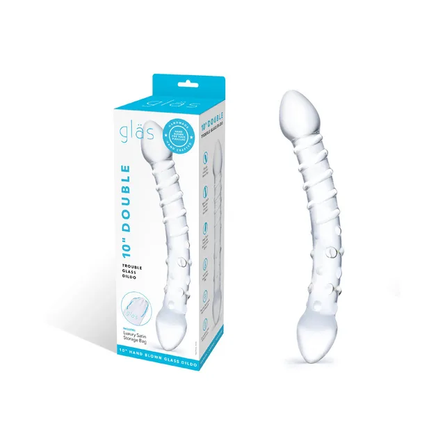 Glas Double Trouble Glass Dildo retail box beside clear double-ended dildo