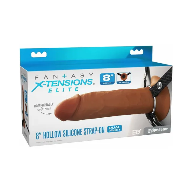 Fantasy X-Tensions Elite 8-inch brown hollow strap-on with black harness in blue retail box