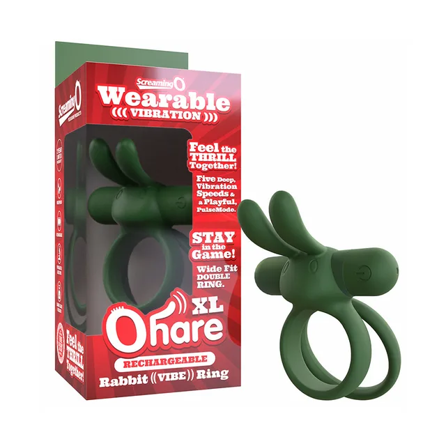 Green rechargeable Ohare XL double-loop ring beside box