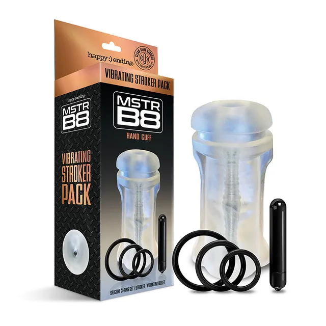 Mstr B8 Hand Cuff package with clear sleeve, bullet and rings