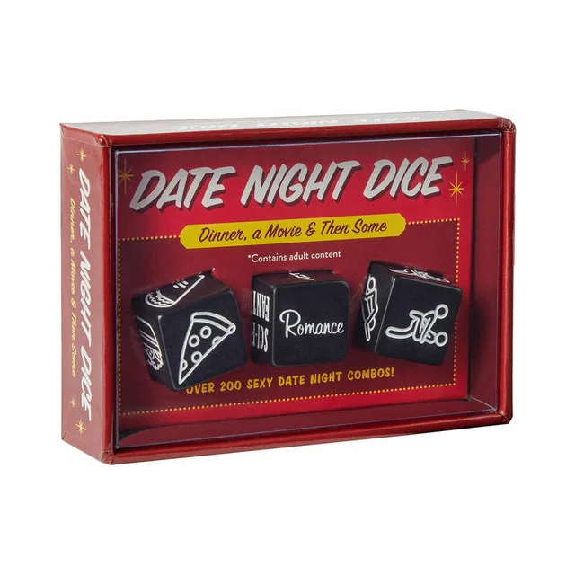 red Date Night Dice window box showing three black theme dice
