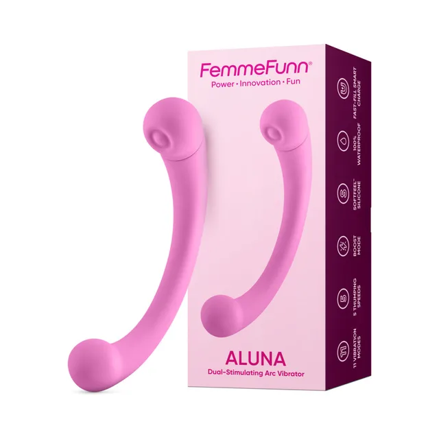 Pink FemmeFunn Aluna dual-ended vibrator displayed with retail box