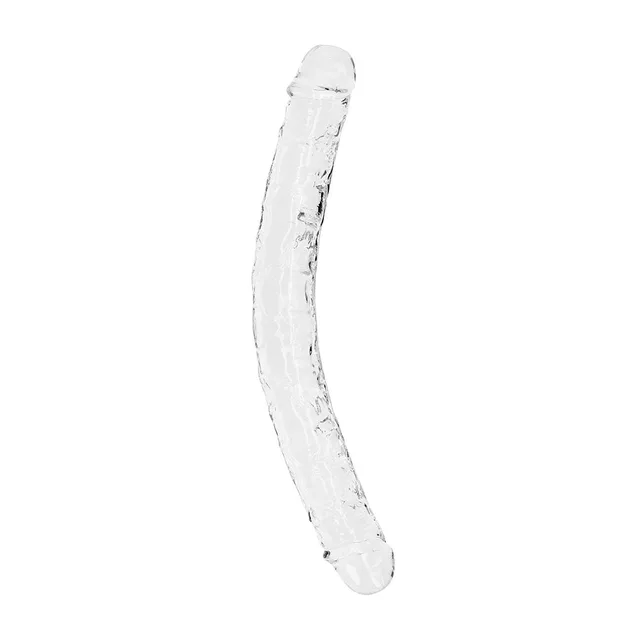 Full view of curved clear RealRock dual-ended dildo