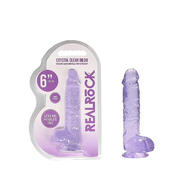 Purple RealRock Crystal Clear 6-inch dildo beside retail package