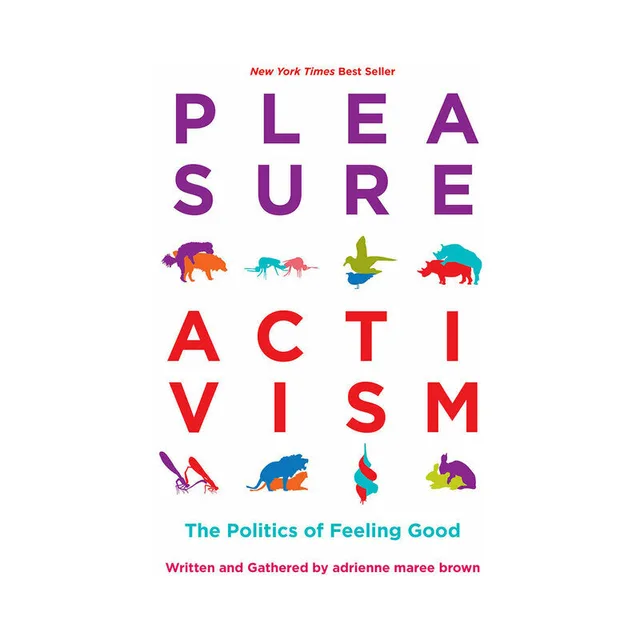white Pleasure Activism cover with purple red lettering and colorful animal silhouettes