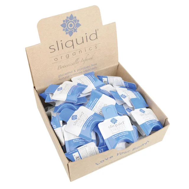 Open kraft Sliquid Organics display filled with 60 blue-and-white lubricant pillows
