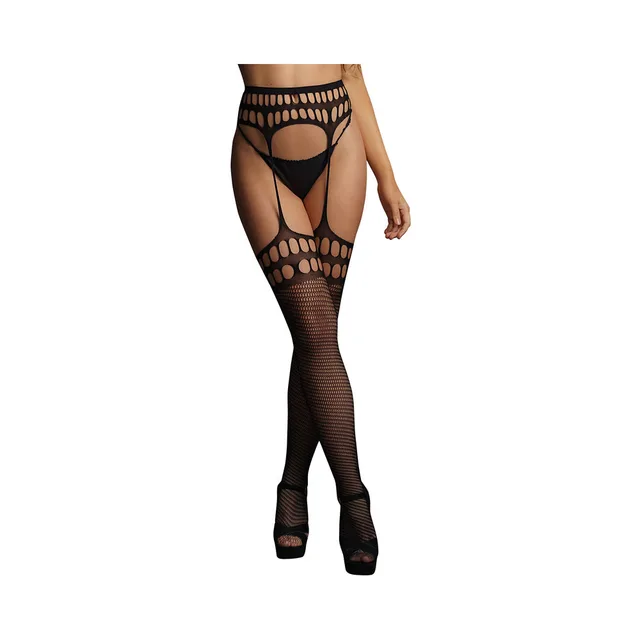Front view of black fishnet stockings with oval waist cutouts