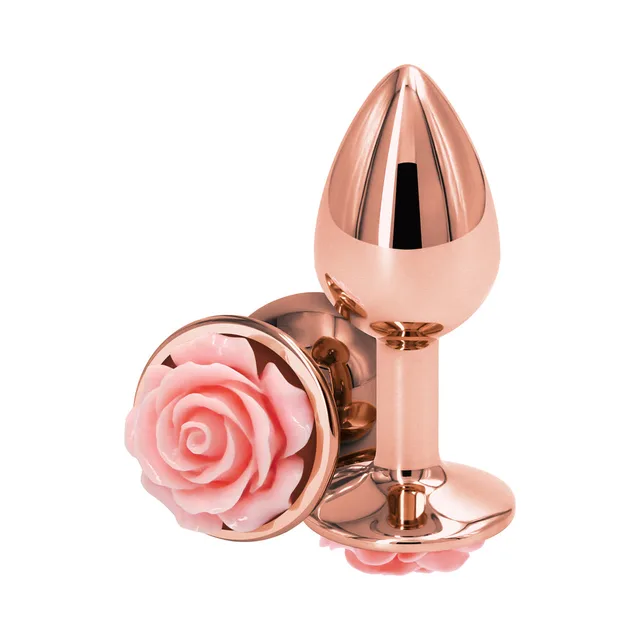 Rose-gold aluminum plug with sculpted pink rose base