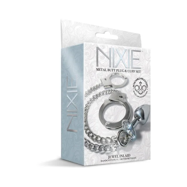 Front of silver Nixie plug and handcuff retail package