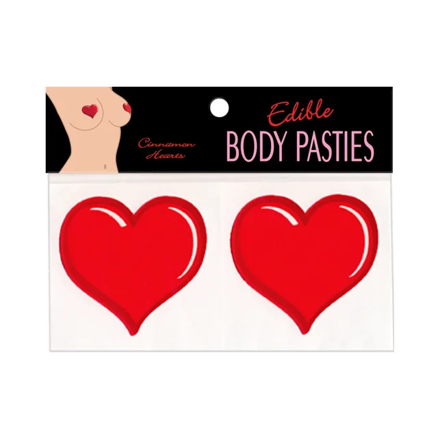 Two red Cinnamon Hearts edible body pasties on retail card