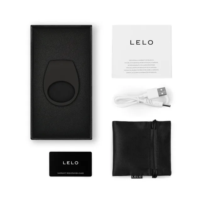 Black LELO TOR 3 with cable pouch box insert and cards