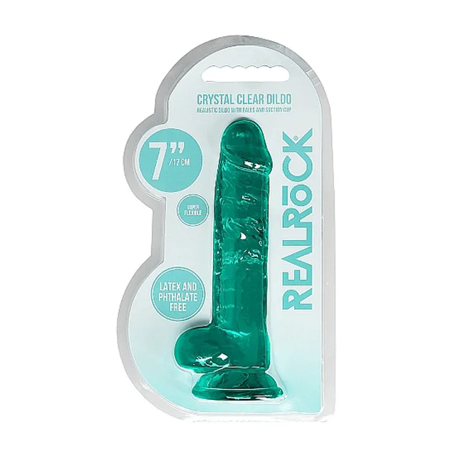 Turquoise RealRock Crystal Clear 7-inch dildo in retail pack