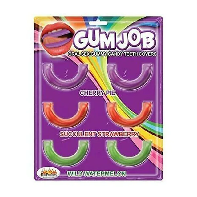 Hott Products Gum Job candy teeth covers purple hanging card with four colorful U-shaped candy pieces and flavor labels