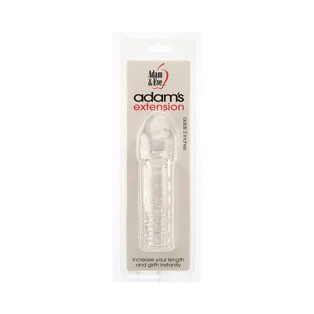 Adam & Eve clear textured 2-inch extension inside narrow white retail package